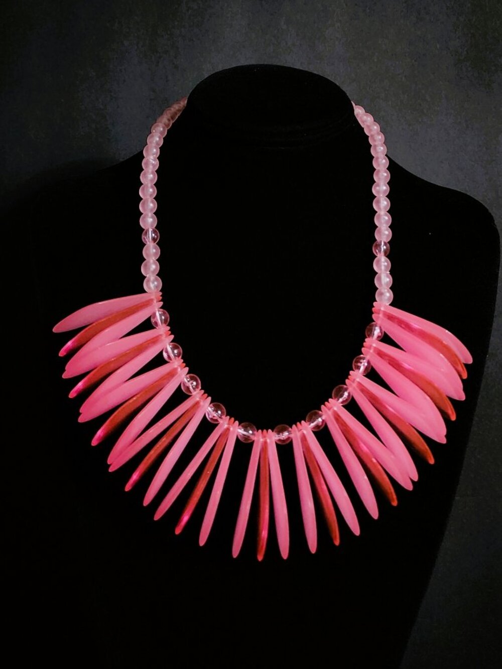 Vintage 1980s Lucite Petal Statement Necklace Pink Clear 3D 18" Runway Collar